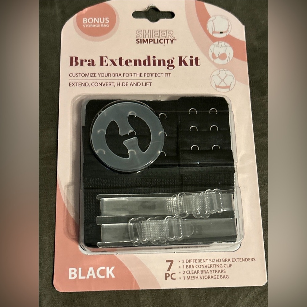 Sheer Simplicity Bra Extending Kit 7pc Black Extension, Convertible Clip Straps
